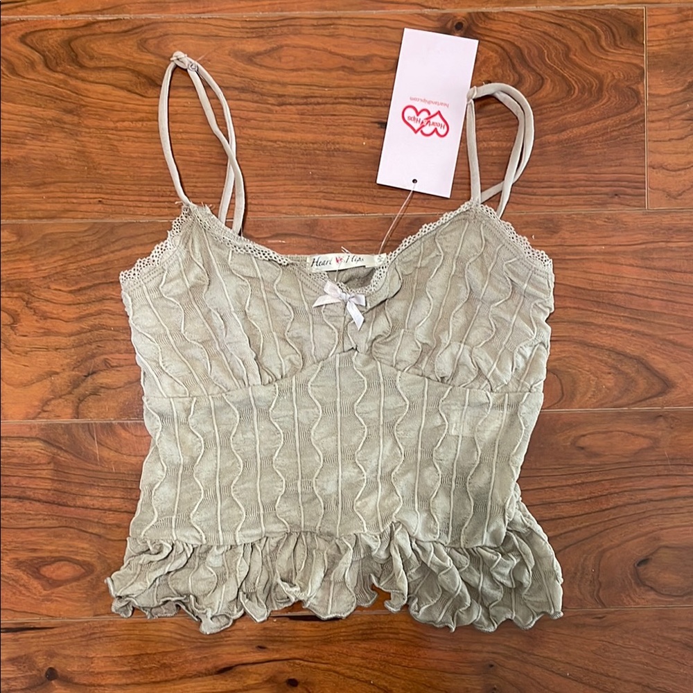 NWT Heart & Hips Tan Mesh Cropped V Neck Ruffle Tank Top Shirt